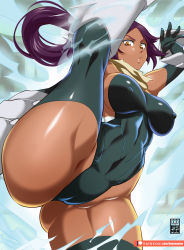 Rule 34 | 1girl, armor, ass, bayeuxman, bleach, breasts, cleft of venus, covered erect nipples, dark-skinned female, dark skin, female focus, gloves, highleg, highleg leotard, highres, huge ass, kicking, large breasts, leotard, long hair, parted lips, purple hair, scarf, shihouin yoruichi, shiny skin, skin tight, solo, thick thighs, thighs, thong leotard, yellow eyes