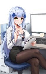 Rule 34 | 1girl, absurdres, alternate costume, black bra, black skirt, blue hair, blush, bra, bra peek, breasts, brown pantyhose, chair, cleavage, closed mouth, collared shirt, crossed legs, desk, drawer, facial mark, feet out of frame, girls&#039; frontline, gongbangmanchi (daisy cutter), green eyes, hair ornament, head-mounted display, highres, hk416 (girls&#039; frontline), holding, holding stylus, holding tablet pc, id card, large breasts, long sleeves, looking at viewer, miniskirt, monitor, office chair, office lady, pantyhose, pencil skirt, shirt, simple background, sitting, skirt, solo, stylus, swivel chair, tablet pc, underwear, white background, white shirt