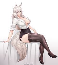 Rule 34 | 1girl, animal ears, artist name, black footwear, black skirt, black thighhighs, breasts, choker, cleavage, closed mouth, collarbone, commentary, commission, crossed legs, fox ears, fox girl, fox tail, full body, hair between eyes, high heels, highres, large breasts, leaning back, long hair, looking at viewer, nofuture, office lady, open clothes, open shirt, original, shiny clothes, shirt, simple background, sitting, skirt, solo, tail, thighhighs, thighs, topless, white background, white choker, white hair, white shirt, yellow eyes