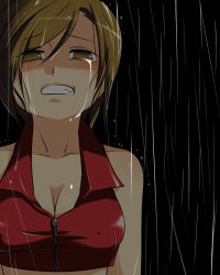Rule 34 | 1girl, breasts, caffein, cleavage, meiko (vocaloid), outdoors, rain, solo, tears, vocaloid