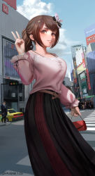 Rule 34 | 1girl, alternate hairstyle, bag, belt, black skirt, blue sky, breasts, brown eyes, brown hair, casual, city, crosswalk, crowd, darr1o, day, diamond hair ornament, feet out of frame, hair ornament, hairclip, handbag, highres, hololive, large breasts, long skirt, long sleeves, outdoors, parted lips, pink skirt, ponytail, sapporo beer, signature, skirt, sky, smile, solo focus, star (symbol), star hair ornament, tokino sora, tokino sora (casual), v, virtual youtuber