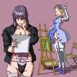 Rule 34 | 2girls, ahoge, belt, blonde hair, blush, breasts, chair, closed eyes, commentary, crossover, drawing, drawing board, elbow gloves, ghost in the shell, gloves, hair ornament, hand on own face, jacket, kusanagi motoko, large breasts, leotard, lowres, multiple girls, oekaki, open clothes, open jacket, os-tan, os9, panties, purple background, purple hair, rakugaki, rakugaki (artist), short hair, simple background, thighhighs, underwear, walking away, waving, white gloves, white legwear, white panties