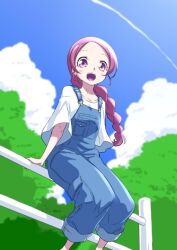 Rule 34 | 1girl, :d, alternate hairstyle, blue overalls, blush, braid, braided ponytail, cloud, commentary request, eyelashes, fence, hanasaki tsubomi, happy, heartcatch precure!, highres, long hair, looking at viewer, low ponytail, matatabi (karukan222), open mouth, overalls, pink eyes, pink hair, ponytail, precure, shirt, sitting, sitting on fence, sky, smile, solo, white shirt
