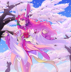 Rule 34 | 1girl, animal ears, cherry blossoms, choker, collarbone, cure grace, cure grace (partner form), day, detached sleeves, dress, floating hair, hair ornament, healin&#039; good precure, heart, heart hair ornament, highres, long hair, long sleeves, open mouth, outdoors, pink dress, precure, rabbit ears, red choker, red eyes, red hair, shrimp1634, solo, spring (season), standing, very long hair, white sleeves, wide sleeves