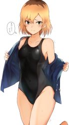 Rule 34 | 1girl, amagami, bare shoulders, black one-piece swimsuit, blonde hair, blue jacket, breasts, brown eyes, check commentary, collarbone, commentary request, competition swimsuit, cosplay, covered navel, cowboy shot, embarrassed, groin, jacket, leg up, long sleeves, looking at viewer, medium breasts, miyamori aoi, nanasaki ai, nanasaki ai (cosplay), off shoulder, one-piece swimsuit, open clothes, open jacket, shirobako, short hair, simple background, smile, solo, sweat, swimsuit, tahita1874, thighs, thought bubble, undressing, white background