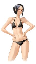 Rule 34 | 1girl, bikini, black bikini, black hair, commentary, cropped legs, english commentary, hair bun, hands on own hips, highres, looking at viewer, navel, original, parted lips, red eyes, side-tie bikini bottom, sidelocks, simple background, solo, standing, swimsuit, tbocart, white background