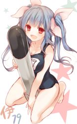 Rule 34 | 10s, 1girl, blue hair, breasts, character name, cleavage, fang, hair ribbon, holding, i-19 (kancolle), kantai collection, komeshiro kasu, large breasts, long hair, one-piece swimsuit, open mouth, personification, red eyes, ribbon, school swimsuit, solo, star (symbol), swimsuit, torpedo, twintails