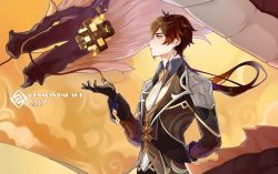 Rule 34 | 1boy, arm behind back, black gloves, brown hair, cloud, collar, collared shirt, dragon, earrings, floating, floating object, formal, fur, genshin impact, gloves, hair between eyes, hand up, highres, jacket, jewelry, long hair, long sleeves, male focus, open mouth, ponytail, rex lapis (genshin impact), ring, shirt, single earring, solo, suit, tangshi, whiskers, yellow eyes, zhongli (genshin impact)