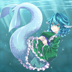 Rule 34 | 1girl, absurdres, air bubble, blue eyes, blue hair, breasts, bubble, drill hair, fins, floating hair, frilled kimono, frills, green kimono, hair between eyes, head fins, highres, japanese clothes, kimono, long sleeves, looking at viewer, medium breasts, medium hair, mermaid, monster girl, ramie (ramie541), sash, solo, submerged, sunlight, touhou, underwater, wakasagihime, water, wide sleeves