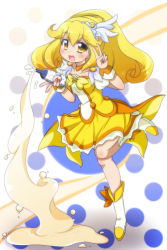 Rule 34 | 10s, 1girl, blonde hair, blush, boots, bow, choker, cure peace, double v, dress, eyelashes, full body, hair flaps, hair ornament, hairpin, kise yayoi, long hair, magical girl, milk, oborotsuki kakeru, precure, skirt, smile, smile precure!, solo, standing, standing on one leg, v, wide ponytail, yellow bow, yellow dress, yellow eyes, yellow skirt, yellow theme