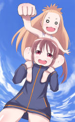 2girls :d bare_legs brown_hair female_focus gibbard_sakurako highres jacket long_sleeves multiple_girls naked_jacket o_o open_mouth outdoors ponytail red_hair saki saki_(manga) saki_achiga-hen sky smile takakamo_shizuno track_jacket