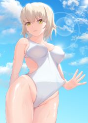 Rule 34 | 1girl, a-o a, adjusting clothes, bare arms, blue sky, breasts, cleavage, closed mouth, cloud, cowboy shot, fate/grand order, fate (series), groin, highleg, highleg swimsuit, highres, jeanne d&#039;arc alter (avenger) (fate), jeanne d&#039;arc alter (fate), lens flare, looking at viewer, medium breasts, one-piece swimsuit, outdoors, platinum blonde hair, see-through, sky, solo, standing, swimsuit, wet, white one-piece swimsuit, yellow eyes