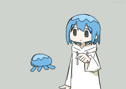 Rule 34 | 1girl, absurdres, black eyes, blue hair, bob cut, creature and personification, grey background, hair between eyes, highres, hood, hoodie, jellyfish, long sleeves, original, personification, pointing, pointing to the side, short hair, sidelocks, simple background, smile, solo, tokiwa (914), white hoodie