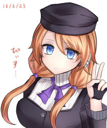 Rule 34 | 1girl, blue eyes, bow, coat, commentary request, fingerless gloves, gloves, hair bow, hair over shoulder, hat, high collar, highres, looking at viewer, low twintails, makise kurisu, neit ni sei, orange hair, original, robot ears, simple background, smile, solo, twintails, v, white background
