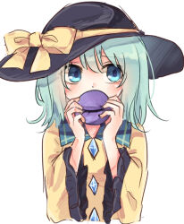 Rule 34 | 1girl, aqua hair, black hat, blouse, blue eyes, blush, bow, buttons, collared shirt, covered mouth, cropped torso, diamond button, eyeball, frilled sleeves, frills, furrowed brow, hat, hat bow, hat ribbon, holding eye, komeiji koishi, long sleeves, looking to the side, medium hair, rena (ke), ribbon, shirt, simple background, solo, third eye, touhou, upper body, wavy hair, white background, wide sleeves, yellow bow, yellow ribbon, yellow shirt