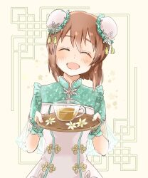 Rule 34 | 1girl, ^ ^, alternate hairstyle, aoaoaoaoiao, blush, breasts, brown hair, bun cover, china dress, chinese clothes, closed eyes, cup, dot nose, double bun, dress, flower, green dress, green wrist cuffs, hagiwara yukiho, hair bun, hands up, highres, holding, holding tray, idolmaster, idolmaster (classic), idolmaster million live!, idolmaster million live! theater days, medium breasts, open mouth, see-through, see-through sleeves, short hair, short sleeves, smile, solo, tea, tray, upper body, white flower, yellow background