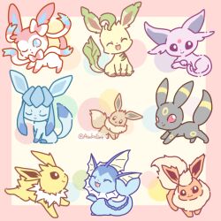 Rule 34 | asakoline, blonde hair, blue eyes, blue hair, closed eyes, closed mouth, creatures (company), eevee, espeon, evolutionary line, fins, flareon, game freak, gen 1 pokemon, gen 2 pokemon, gen 4 pokemon, gen 6 pokemon, glaceon, jolteon, leafeon, nintendo, no humans, open mouth, pokemon, pokemon (creature), purple eyes, purple hair, sidelocks, smile, sylveon, twitter username, umbreon, vaporeon