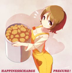 Rule 34 | 10s, 1girl, blueberry (5959), blush, breasts, brown eyes, brown hair, cleavage, happinesscharge precure!, heart, long hair, oomori yuuko, overalls, pot, potato, precure, short hair, smile, solo