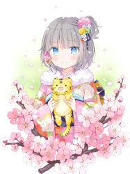 Rule 34 | 1girl, 2022, animal, blue eyes, blush, branch, closed mouth, commentary request, cropped torso, floral print, flower, fur collar, grey hair, hair flower, hair ornament, holding, holding animal, japanese clothes, kimono, long sleeves, looking at viewer, obi, one side up, original, petals, pink flower, pink kimono, pink rose, print kimono, rose, sash, sleeves past wrists, smile, solo, tiger, upper body, wataame27, white flower, wide sleeves, yellow flower