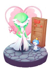 Rule 34 | 1girl, 1other, absurdres, alternate color, arm at side, blue hair, blunt bangs, bob cut, book, bookshelf, bowl cut, chibi, chibi only, closed mouth, colored skin, creatures (company), flat chest, full body, game freak, gardevoir, gen 3 pokemon, green hair, green skin, hair between eyes, hair over eyes, hands up, happy, heart, heart background, highres, looking at another, looking up, multicolored skin, nintendo, open mouth, orange eyes, pink eyes, pokemon, pokemon (creature), polyvoir, ralts, shiny pokemon, short hair, smile, sparkle, standing, transparent background, two-tone skin, white skin