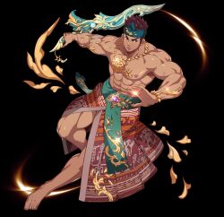 Rule 34 | 1boy, abs, alternate costume, armlet, bara, barefoot, belt, biceps, falling petals, full service (mazjojo), gyee, highres, holding, holding sword, holding weapon, jewelry, large pectorals, long skirt, male focus, manly, mature male, mazjojo, muscular, muscular male, necklace, nipples, non-web source, official alternate costume, official art, oki ardana, pectorals, petals, skirt, solo, sword, thick arms, thick eyebrows, thick thighs, thighs, transparent background, veins, weapon