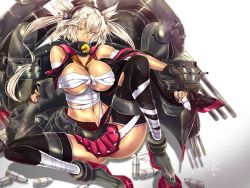 Rule 34 | 10s, 1girl, ammunition, bare shoulders, breasts, budget sarashi, covered erect nipples, dark-skinned female, dark skin, female focus, fingerless gloves, glasses, gloves, gradient background, headgear, kantai collection, large breasts, long hair, looking at viewer, musashi (kancolle), navel, pointy hair, red eyes, sarashi, silver hair, skirt, smile, solo, spread legs, tan, thighhighs, turret, twintails, two side up, yamaneko