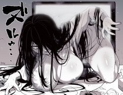 Rule 34 | 1girl, black hair, breasts, breasts out, constricted pupils, crawling, hair over one eye, huge breasts, lips, long hair, looking at viewer, monitor, monochrome, mouse (computer), mousepad (object), nipples, open mouth, robe, smile, solo, takatsuki ichi, the ring, through medium, through screen, tissue, tissue box, very long hair, yamamura sadako