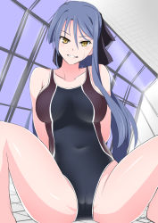 Rule 34 | 1girl, arms behind back, blue hair, blush, breasts, cameltoe, competition swimsuit, covered navel, long hair, looking at viewer, mizuno asami, one-piece swimsuit, rei no pool, sitting, solo, spread legs, swimsuit, yellow eyes