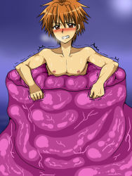 Rule 34 | 00s, 1boy, a baba, blush, brown hair, doumoto kaito, drooling, male focus, mermaid melody pichi pichi pitch, monster, nipples, restrained, saliva, short hair, slime, steam, tentacles, tentacles on male