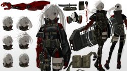 Rule 34 | 1girl, belt, black jacket, closed mouth, dagger, earpiece, hair over one eye, highres, jacket, knife, looking at viewer, mechanical arms, medium hair, multiple views, narue, original, pouch, prosthesis, prosthetic arm, purple eyes, respirator, single mechanical arm, thigh belt, thigh strap, twintails, twitter username, weapon, white hair