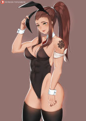 Rule 34 | 1girl, abs, animal ears, bare shoulders, black thighhighs, breasts, brigitte (overwatch), brown eyes, brown hair, cameltoe, cleavage, covered navel, cuffs, detached collar, fake animal ears, leotard, necktie, overwatch, overwatch 1, playboy bunny, rabbit ears, shoulder tattoo, solo, tattoo, thighhighs, tofuubear