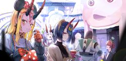 Rule 34 | 2boys, 3girls, alien (toy story), alternate costume, amusement park, blonde hair, blush, bob cut, breasts, buzz lightyear, casual, coat, commentary request, confetti, contemporary, cup, day, disneyland, earrings, eating, eyeshadow, facial mark, fate/grand order, fate (series), fuuma kotarou (fate), gem, green gemstone, hair between eyes, hair ornament, hair ribbon, highres, holding, holding cup, horns, ibaraki douji (fate), jacket, jewelry, kagawa ichigo, long hair, looking at viewer, makeup, minnie mouse ears, multiple boys, multiple girls, oni, open clothes, open mouth, outdoors, pointy ears, ponytail, purple eyes, purple hair, red eyes, ribbon, scarf, sheriff woody, short hair, shuten douji (fate), sidelocks, skin-covered horns, small breasts, smile, sweater, tattoo, tomoe gozen (fate), toy story, turtleneck, turtleneck sweater, v, yellow eyes