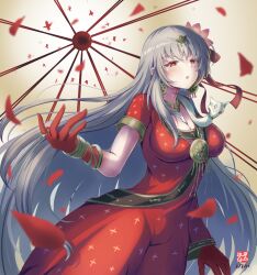 Rule 34 | 1girl, absurdres, asymmetrical sleeves, blush, body markings, bracelet, breasts, circlet, cleavage, collarbone, colored skin, dress, durga (fate), earrings, fate/grand order, fate (series), flower, gold trim, gradient skin, grey hair, hair flower, hair ornament, hair ribbon, highres, indian clothes, jewelry, large breasts, long hair, looking at viewer, necklace, open mouth, red dress, red eyes, red skin, ribbon, ring, sari, snake, solo, tetsu no samurai, very long hair, weapon