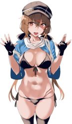 Rule 34 | 1girl, :d, bikini, black bikini, black bow, black gloves, black hat, blush, bow, breasts, brown eyes, brown hair, cleavage, fingerless gloves, gloves, hair between eyes, hair bow, hair ornament, hairclip, hands up, hat, kantai collection, large breasts, long hair, looking at viewer, low twintails, navel, open mouth, salute, scarf, shawl, smile, solo, star (symbol), stomach, swimsuit, tashkent (kancolle), thighhighs, thighs, torn clothes, torn scarf, twintails, vulcan salute, white scarf, yukiguni yuu