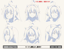 Rule 34 | 1girl, :&gt;, april fools, asahi, character sheet, fake scan, female focus, highres, horns, long hair, looking at viewer, monochrome, multiple views, rina (taimanin asagi), sketch, smile, solo, standing, star-shaped pupils, star (symbol), symbol-shaped pupils, taimanin (series), taimanin rpgx, translation request, turnaround, very long hair