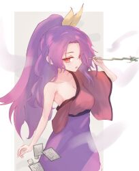 Rule 34 | 1girl, absurdres, breasts, card, cleavage, hair over one eye, high ponytail, highres, holding, holding smoking pipe, japanese clothes, kimono, komakusa sannyo, long skirt, looking at viewer, lugoner1430, open mouth, purple hair, purple skirt, red eyes, red kimono, single bare shoulder, skirt, smoking pipe, solo, touhou