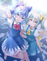 Rule 34 | 2girls, :o, barefoot, blue dress, blue eyes, blue hair, bow, cirno, commentary request, daiyousei, dress, fairy wings, green eyes, green hair, hair bow, highres, ice, ice wings, kachayori, multiple girls, open mouth, puffy short sleeves, puffy sleeves, short sleeves, side ponytail, smile, touhou, wings