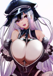 Rule 34 | 1girl, alternate breast size, artist name, azur lane, bare shoulders, between breasts, black dress, black gloves, black hat, breasts, commentary, commentary request, cross, dress, elbe (azur lane), english commentary, fang, gloves, hachimitsu hinako, hat, huge breasts, iron cross, light purple hair, long hair, open mouth, peaked cap, purple eyes, simple background, skin fang, solo, upper body, very long hair, white background, zipper