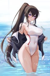 Rule 34 | 1girl, absurdres, black hair, black jacket, breasts, bubble, competition swimsuit, counter:side, covered navel, crossed bangs, groin, hair between eyes, highleg, highleg swimsuit, highres, jacket, large breasts, long hair, maett, one-piece swimsuit, parted lips, ponytail, purple eyes, removing jacket, sidelocks, single bare shoulder, solo, swimsuit, thighs, very long hair, wading, water, wet, white one-piece swimsuit, wide hips, yoo mina