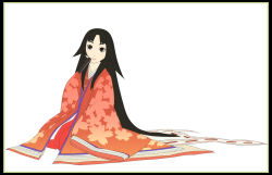 Rule 34 | 1girl, black eyes, black hair, folded fan, folding fan, full body, go robots, hand fan, japanese clothes, kimono, layered clothes, layered kimono, long hair, looking at viewer, original, sitting, solo, very long hair, white background