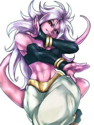 Rule 34 | 1girl, abs, android 21, black tube top, bracelet, breasts, detached sleeves, dragon ball, dragon ball fighterz, evil smile, fingerless gloves, gloves, head tilt, jewelry, kemachiku, leg lift, long hair, majin android 21, pants, puffy pants, red eyes, simple background, smile, solo, strapless, tail, tube top, tube top, white background, white hair, white pants