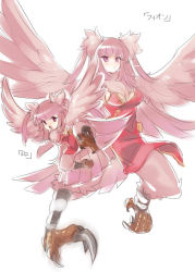 Rule 34 | 1girl, breasts, character name, chibi, dress, dual persona, feather hair ornament, feathered wings, feathers, fion (naso4), hair ornament, harpy, long hair, monster girl, naso4, no arms, original, pink eyes, pink hair, solo, talons, translation request, two side up, winged arms, wings