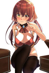 Rule 34 | 1girl, bare arms, black pantyhose, blush, bow, box, breasts, cleavage, closed mouth, collarbone, convenient leg, cropped shirt, crossed bangs, eyes visible through hair, feet out of frame, finger to cheek, furrowed brow, hair between eyes, hair bow, hand up, hololive, houshou marine, index finger raised, large breasts, long hair, looking at viewer, low twintails, medium breasts, on one knee, pantyhose, red bow, red eyes, red shirt, shirt, shy, simple background, smile, solo, straight hair, tft (tft7822), thighband pantyhose, thighs, twintails, very long hair, virtual youtuber, white background, yellow eyes