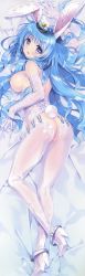 Rule 34 | 1girl, :d, absurdres, animal ears, ass, bed sheet, blue hair, blush, breasts, carnelian, cleft of venus, dakimakura (medium), full body, garter straps, gloves, hat, high heels, highres, huge filesize, lace, lace gloves, large breasts, nipples, open mouth, original, purple eyes, pussy, rabbit ears, rabbit tail, smile, solo, tail, thighhighs, uncensored