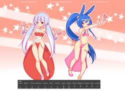Rule 34 | 2girls, anklet, april, armlet, belly dancer, belly jewel, bikini, blue hair, blush, bracelet, breasts, brown eyes, calendar, dancer, drantyno, grey hair, harem outfit, jewelled navel, jewelry, long hair, looking at viewer, low twintails, multiple girls, navel, necklace, open mouth, orange background, pelvic curtain, pink bikini, pink footwear, ponytail, rabbit ears, rabbit girl, rabbit tail, red bikini, red eyes, red footwear, small breasts, smile, standing, star (symbol), starry background, striped background, swimsuit, thighlet, twintails