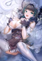 Rule 34 | 1girl, aqua eyes, azur lane, black hair, blush, boba, breasts, cheshire (azur lane), cleavage, detached sleeves, dress, fang, frills, hairband, large breasts, looking at viewer, lying, maid headdress, multicolored hair, on back, puffy sleeves, ribbon, smile, solo, spread legs, streaked hair, thighhighs, white thighhighs, wrist cuffs