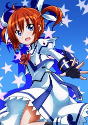 Rule 34 | 1girl, :d, absurdres, blue eyes, bow, brown hair, fingerless gloves, gloves, highres, looking at viewer, lyrical nanoha, magical girl, mahou shoujo lyrical nanoha, mahou shoujo lyrical nanoha a&#039;s, open hand, open mouth, orange hair, purple eyes, red bow, red hair, short hair, smile, solo, star (symbol), starry background, takamachi nanoha, takamachi nanoha (sacred mode) (2nd), tappa (esperanza), twintails