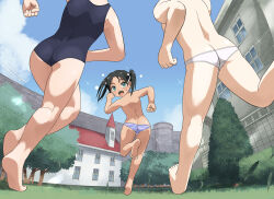 Rule 34 | 3girls, ass, black hair, blue one-piece swimsuit, blush, butt crack, francesca lucchini, green eyes, hair ribbon, hosoinogarou, looking back, miyafuji yoshika, multiple girls, no bra, one-piece swimsuit, open mouth, outdoors, panties, perrine h. clostermann, ribbon, running, short hair, sky, strike witches, striped clothes, striped panties, swimsuit, topless, twintails, underwear, white panties, world witches series