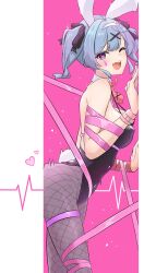 Rule 34 | 1girl, absurdres, animal ears, bare shoulders, black leotard, blue eyes, blue hair, blush, bow, bowtie, commentary, detached collar, fake animal ears, fake tail, fishnet pantyhose, fishnets, from side, hair ornament, hatsune miku, heart, heart-shaped pupils, highleg, highleg leotard, highres, implied sex, leaning forward, leotard, looking at viewer, ogura toast, one eye closed, open mouth, pantyhose, pink ribbon, playboy bunny, rabbit ears, rabbit hole (vocaloid), rabbit tail, red bow, red bowtie, ribbon, short hair, smile, solo, symbol-only commentary, symbol-shaped pupils, tail, teardrop facial mark, thigh strap, twintails, vocaloid, x hair ornament