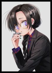 Rule 34 | 1girl, absurdres, bad id, bad twitter id, black border, border, braid, brown hair, brown jacket, claw ring, earclip, earrings, from side, gishiki (gshk), glasses, hair ornament, hairclip, highres, jacket, jewelry, long hair, long sleeves, looking at viewer, looking to the side, original, parted lips, purple eyes, shirt, slit pupils, solo, striped clothes, striped shirt, upper body, yellow-framed eyewear